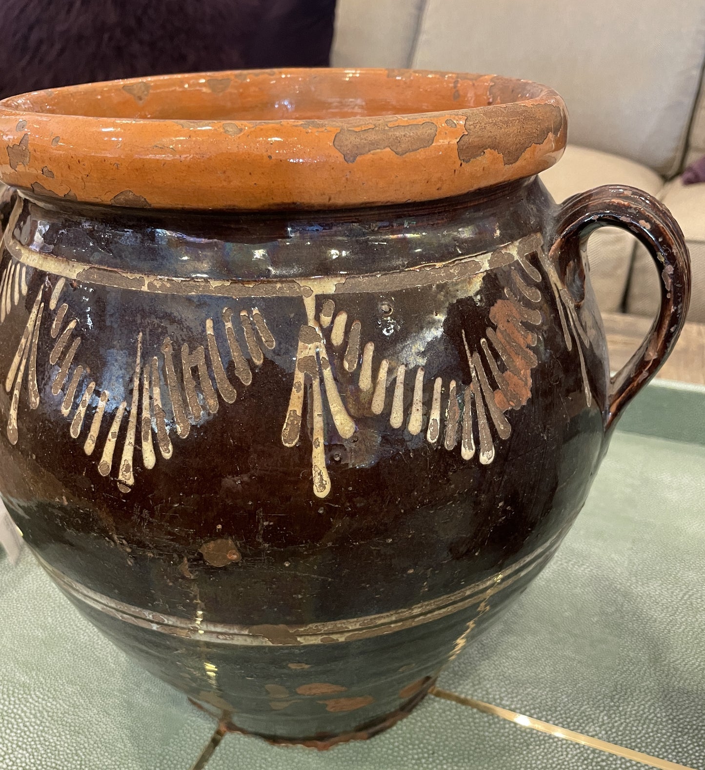 Antique Confit Jar,  Brown Glaze with Double Handles (0HP00M)