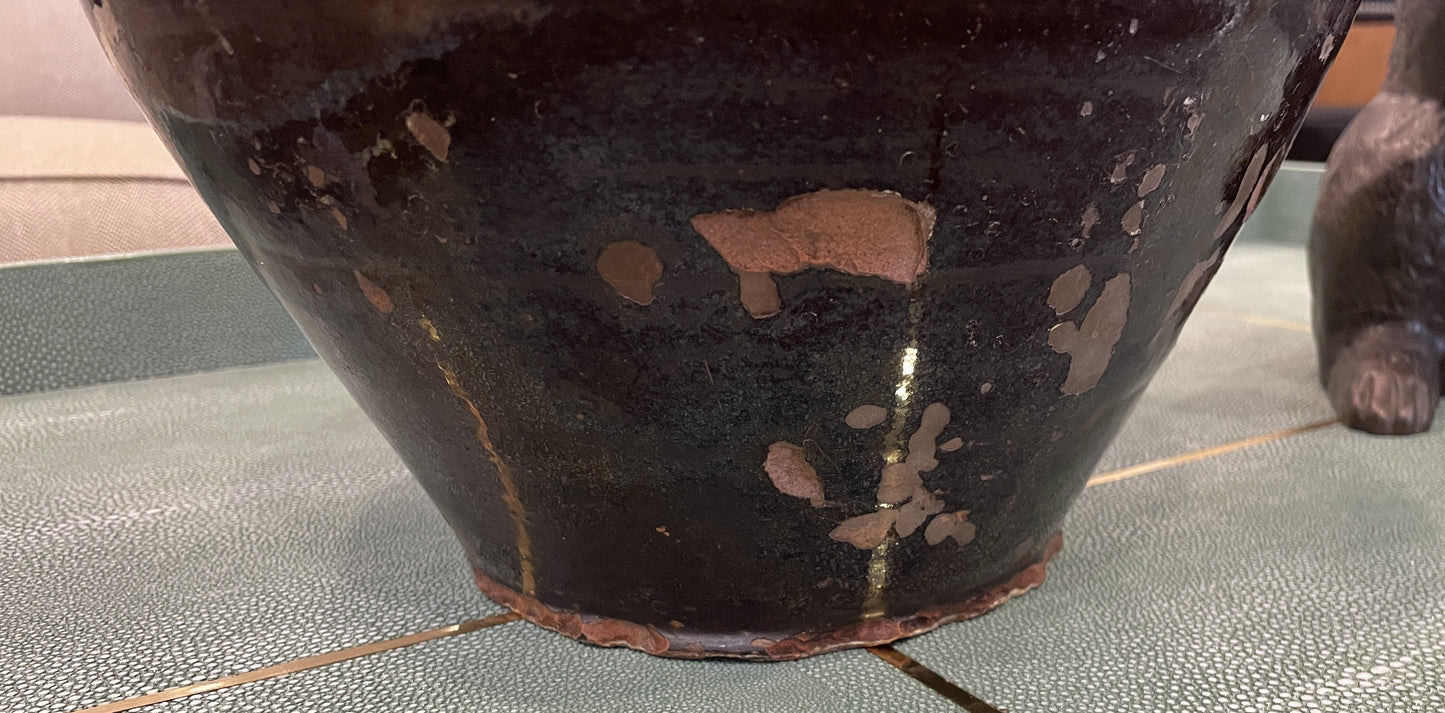 Antique Confit Jar,  Brown Glaze with Double Handles (0HP00M)