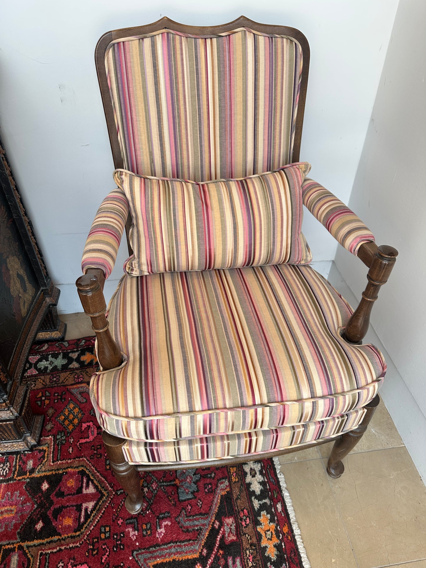 Ethan Allen Arm Chair, Reupholstered in A Stripe (0OE002, 0OE001) (Two Available)