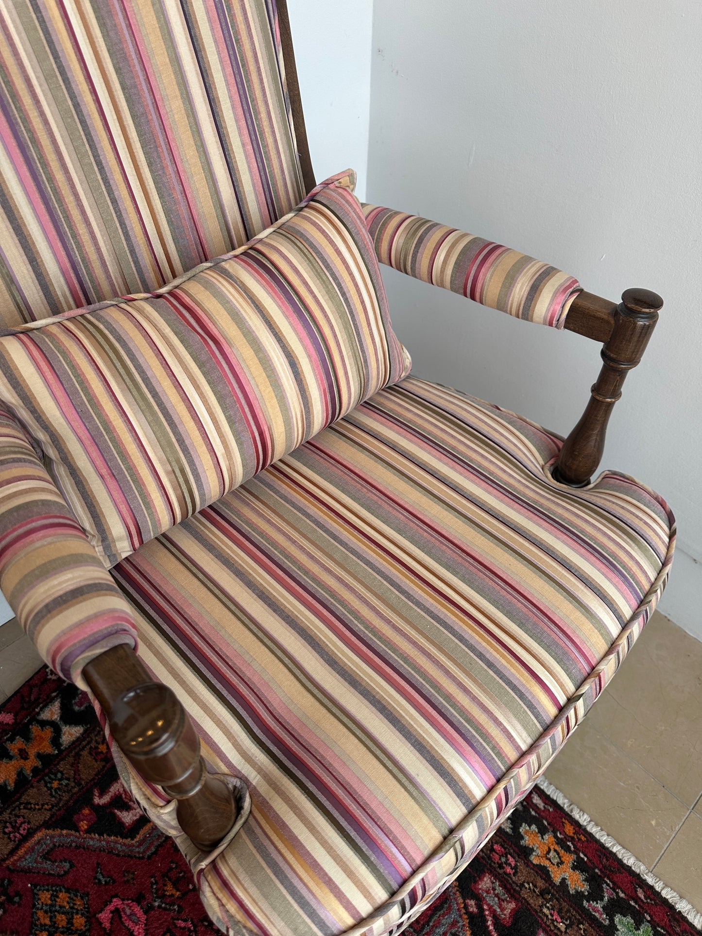 Ethan Allen Arm Chair, Reupholstered in A Stripe (0OE002, 0OE001) (Two Available)