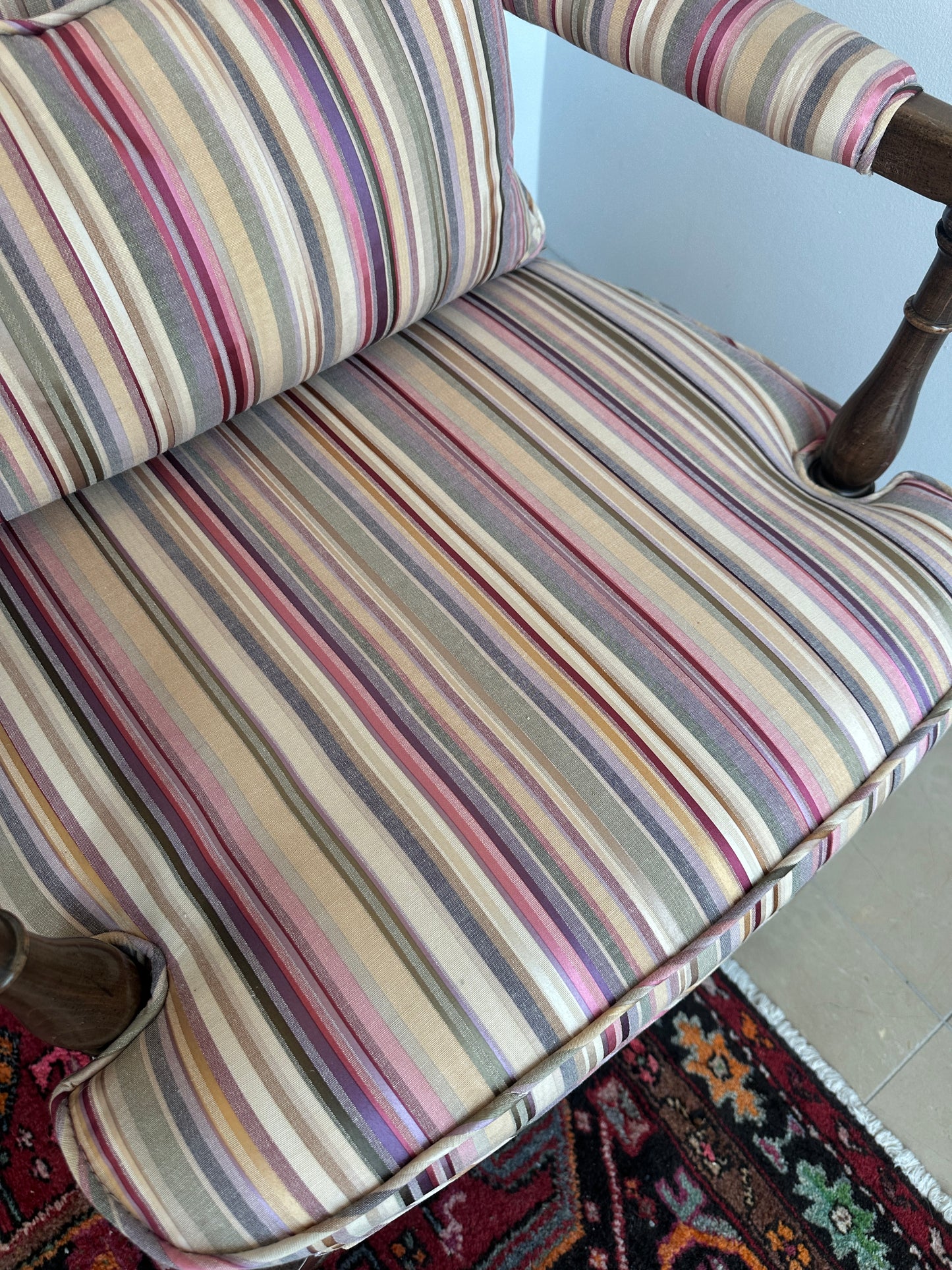 Ethan Allen Arm Chair, Reupholstered in A Stripe (0OE002, 0OE001) (Two Available)