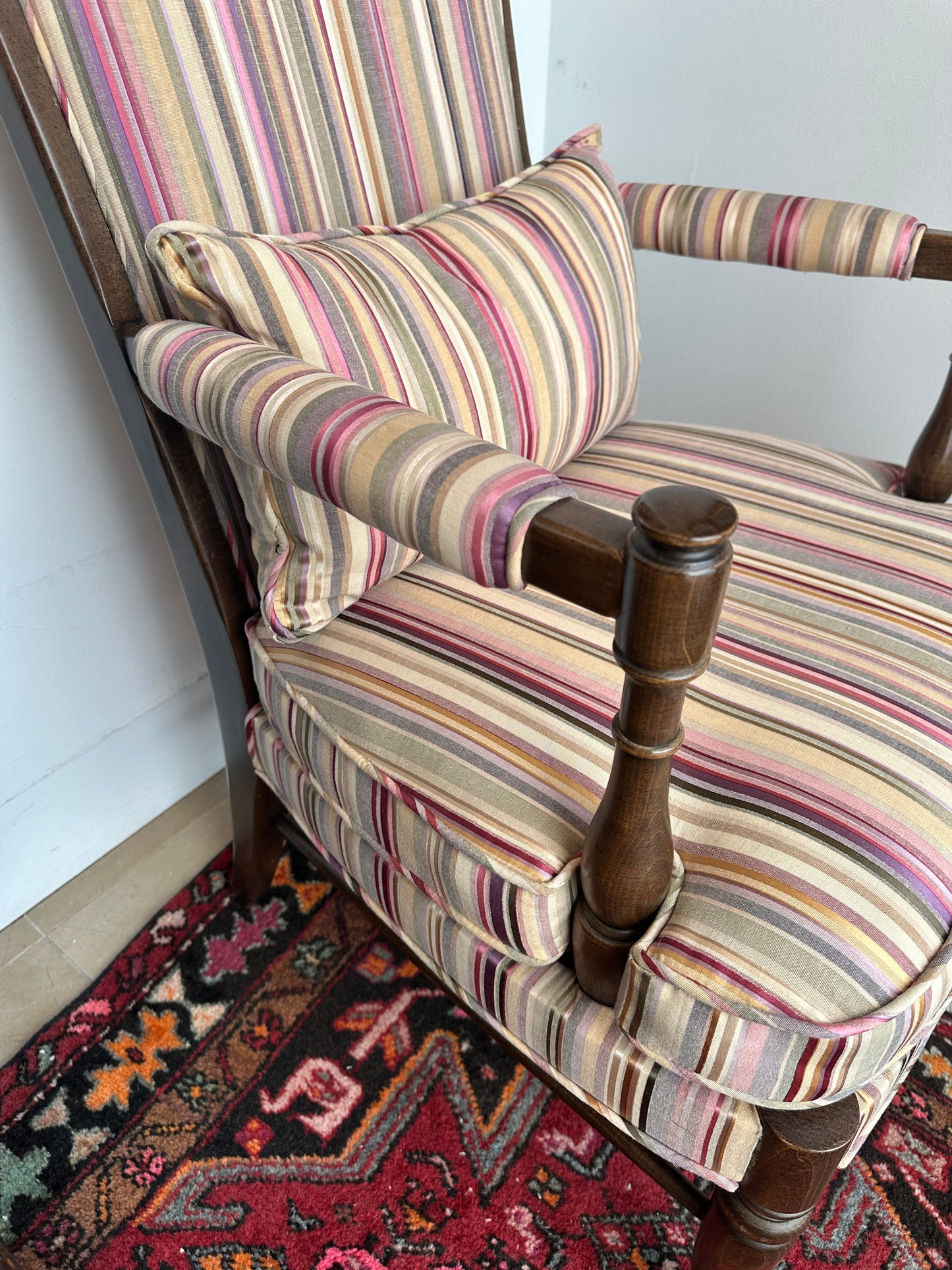 Ethan Allen Arm Chair, Reupholstered in A Stripe (0OE002, 0OE001) (Two Available)