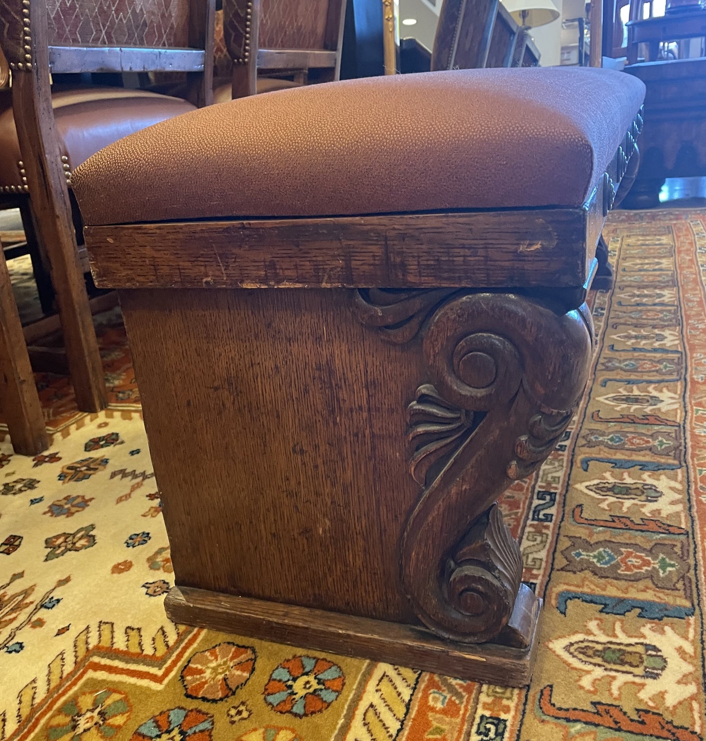 Antique Oak English bench with upholstered seat, AS IS (0HP009)