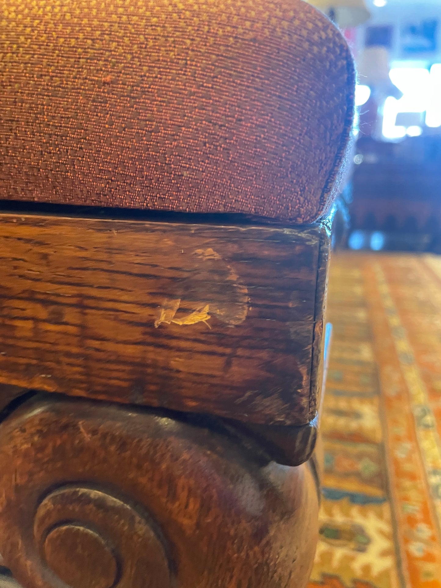Antique Oak English bench with upholstered seat, AS IS (0HP009)
