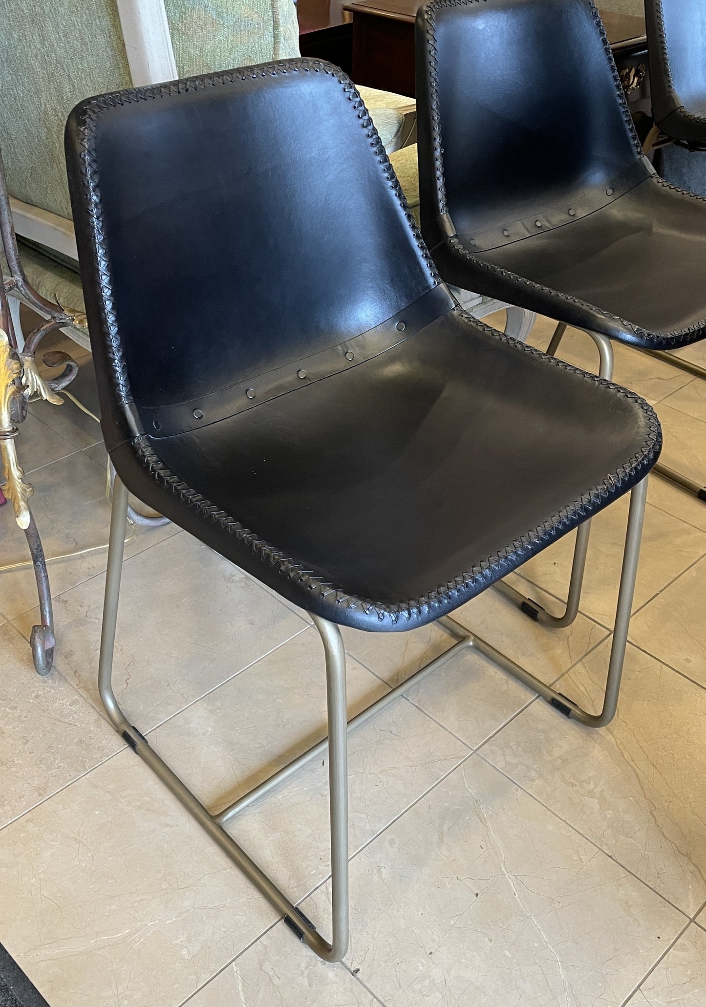 CB2 Roadhouse Leather Dining Chairs in Black, set of 4 (0PH001)