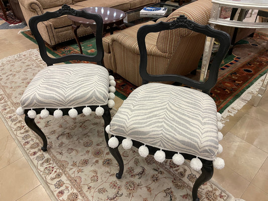 Pair of Zebra Print and Pom-Pom Side Chairs, Custom (7299)