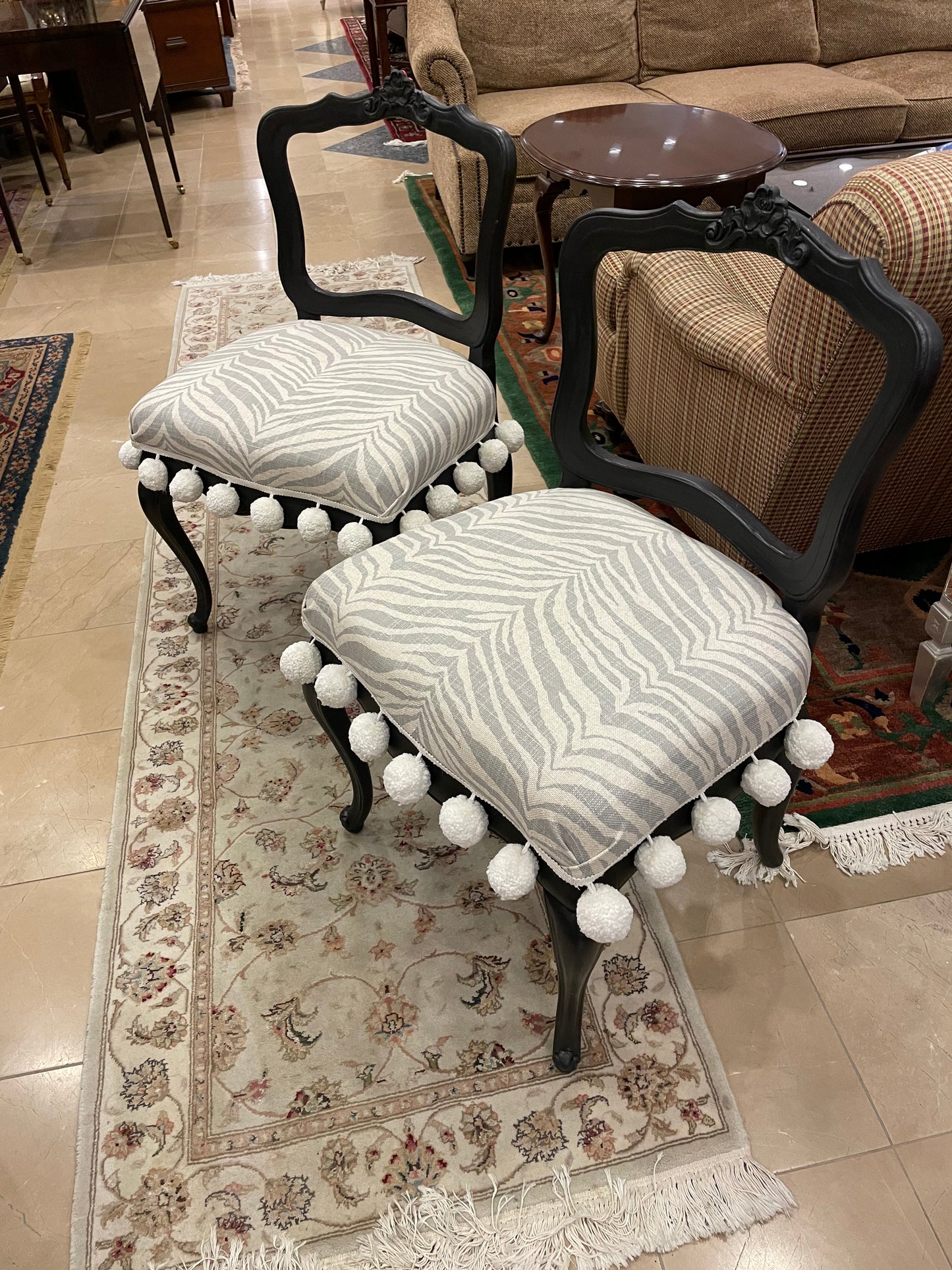 Pair of Zebra Print and Pom-Pom Side Chairs, Custom