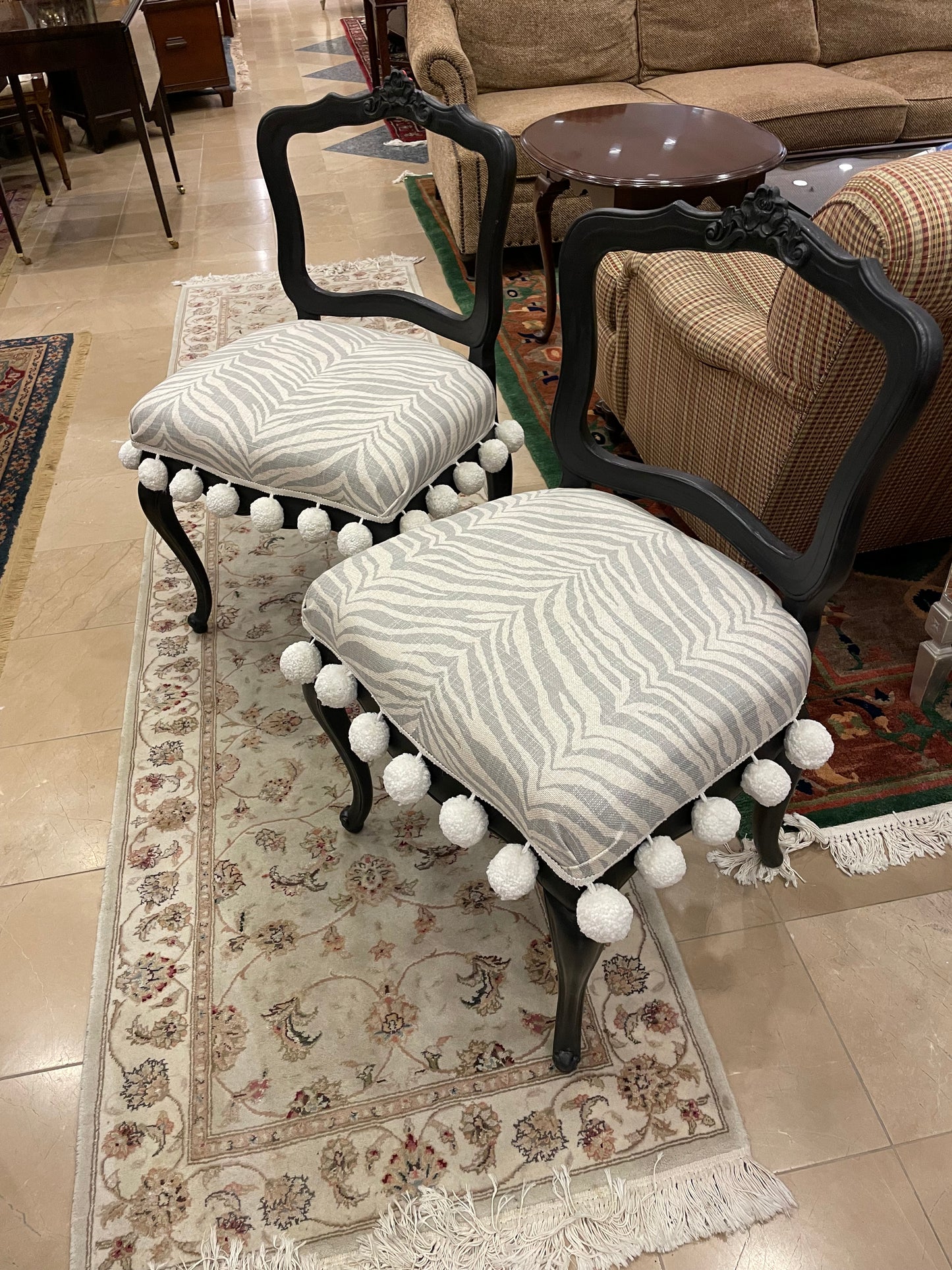 Pair of Zebra Print and Pom-Pom Side Chairs, Custom (7299)