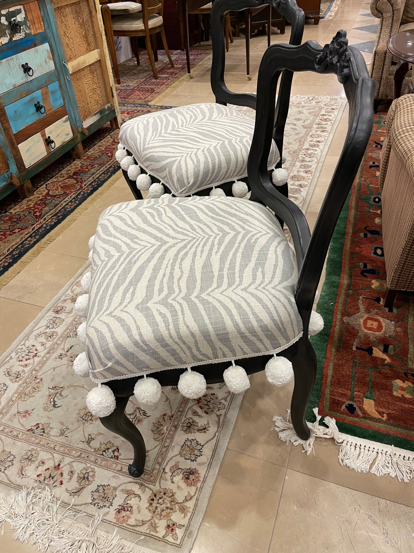 Pair of Zebra Print and Pom-Pom Side Chairs, Custom (7299)