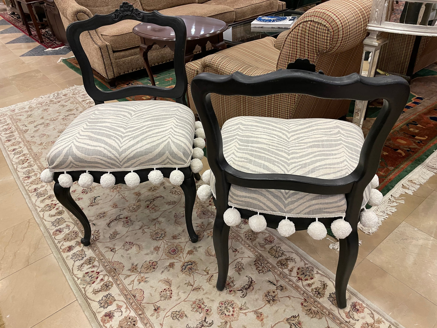 Pair of Zebra Print and Pom-Pom Side Chairs, Custom