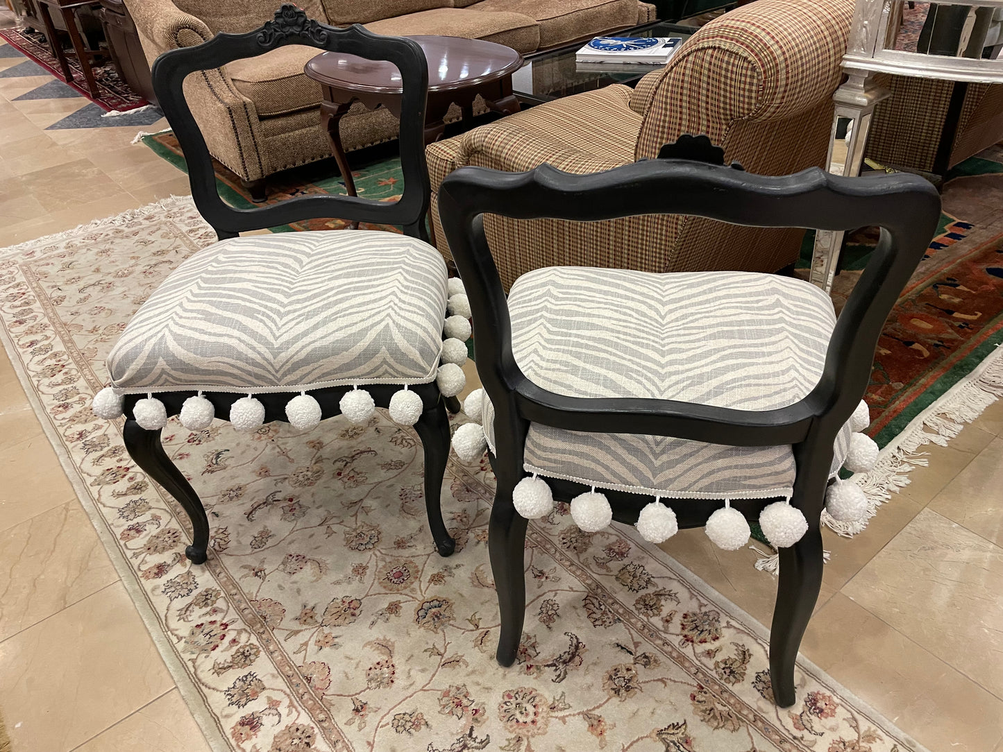 Pair of Zebra Print and Pom-Pom Side Chairs, Custom (7299)