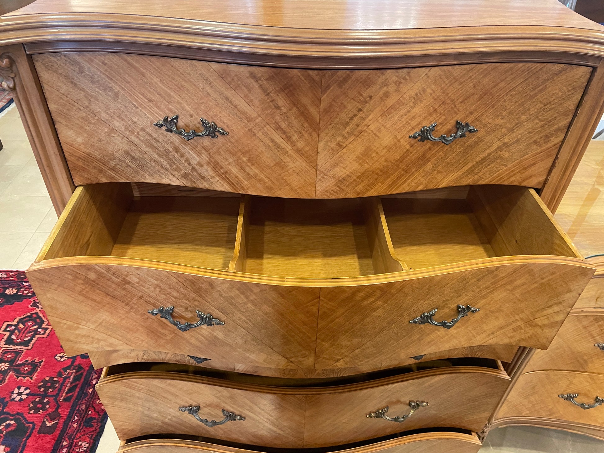 highboy dresser vintage Mid-Century by John Stuart-Five-Drawer Chest with Carved Laurel Detail Clean lines, warm walnut tones,
