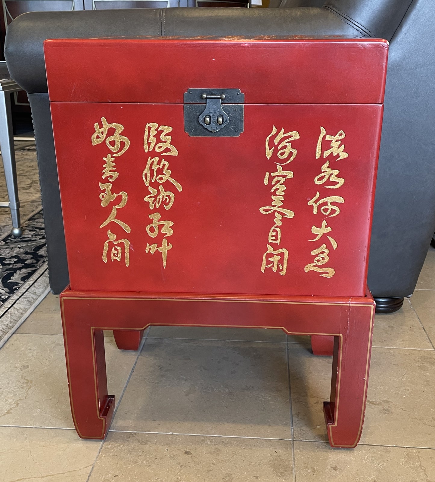 Red Lacquered Chinese Wedding Chest on Stand, Vintage (0LO002)