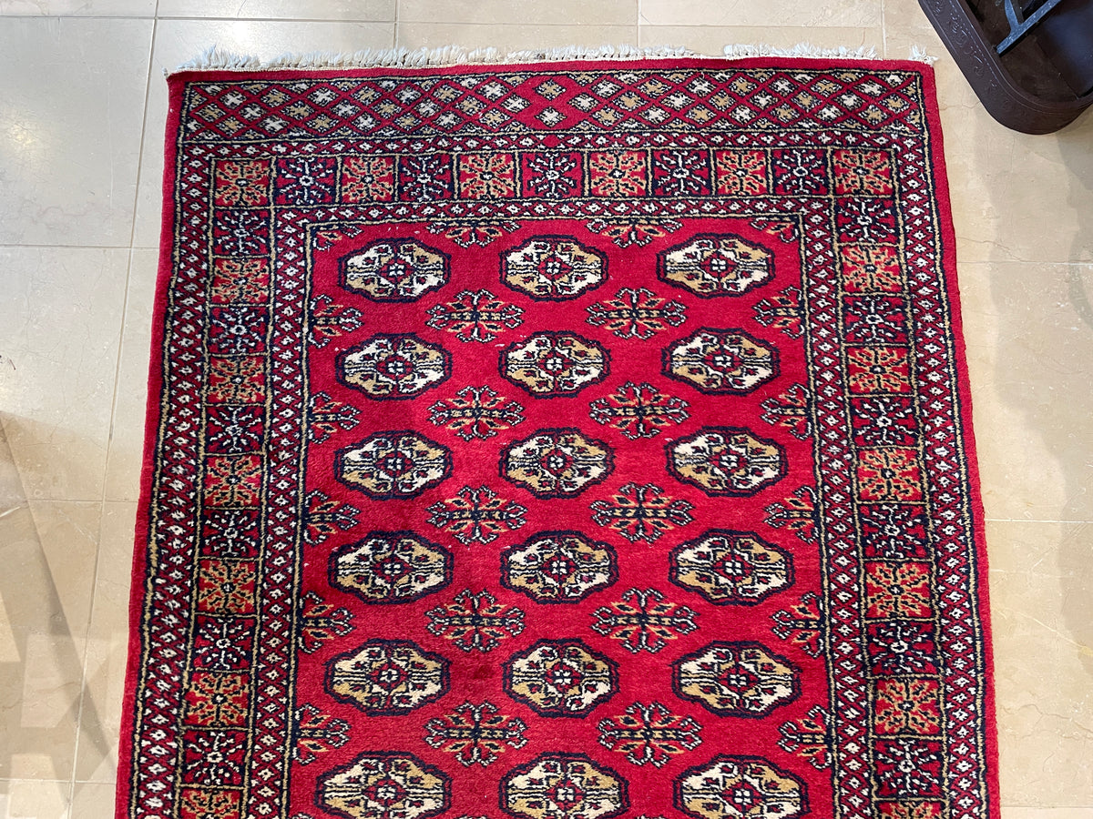 Hand Knotted Bokhara Runner in Red (11'3x3'1) (0PO002)