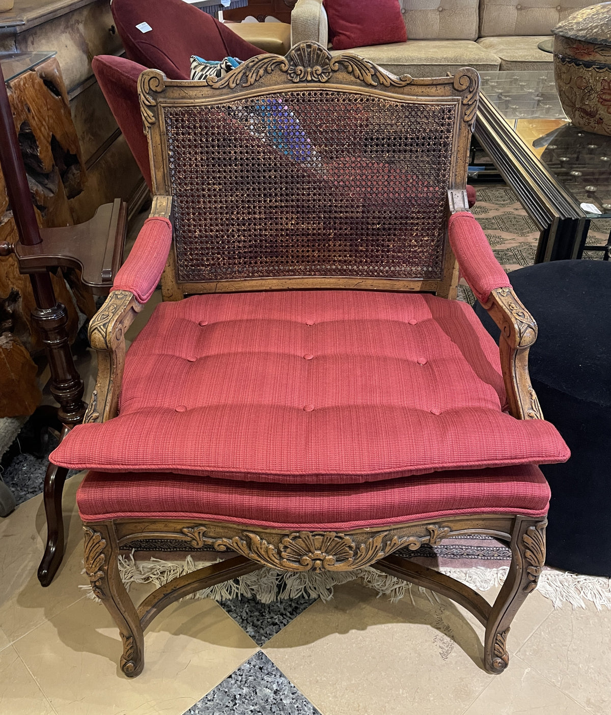 French Bergère Chairs with Crimson Cushions, a pair (0MJ00I)