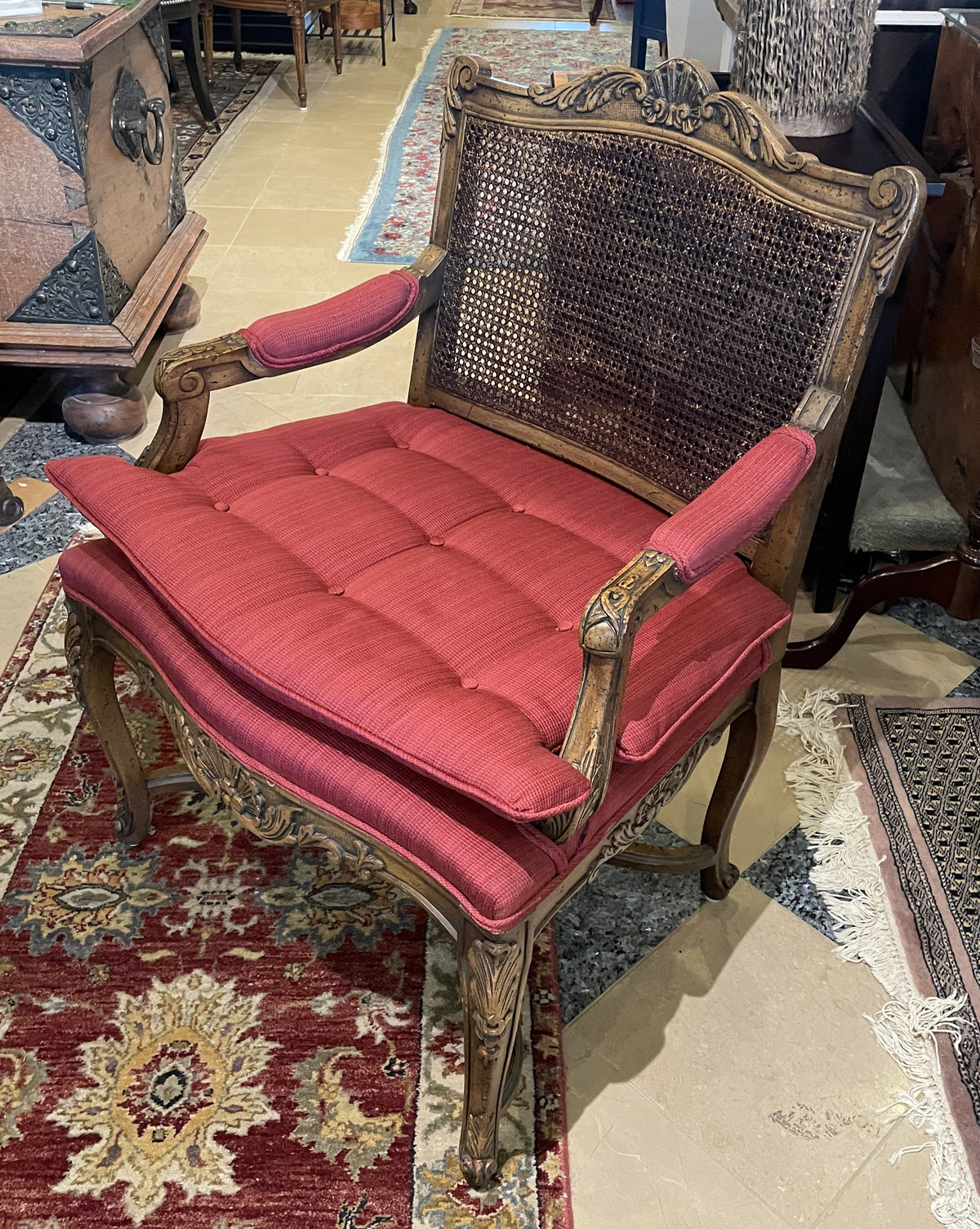 French Bergère Chairs with Crimson Cushions, a pair (0MJ00I)