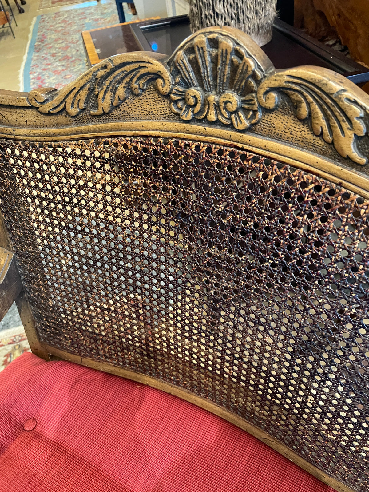 French Bergère Chairs with Crimson Cushions, a pair (0MJ00I)