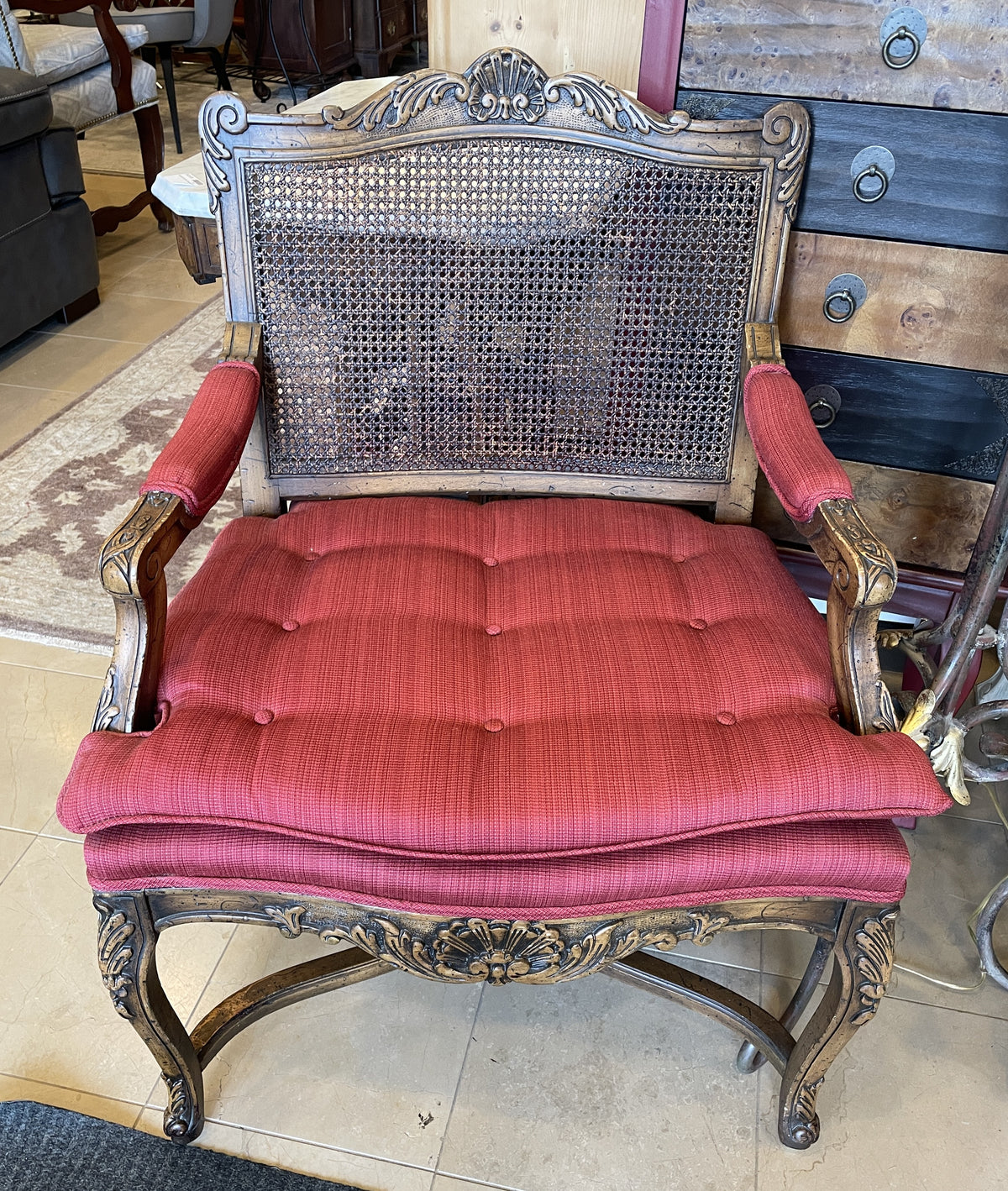 French Bergère Chairs with Crimson Cushions, a pair (0MJ00I)
