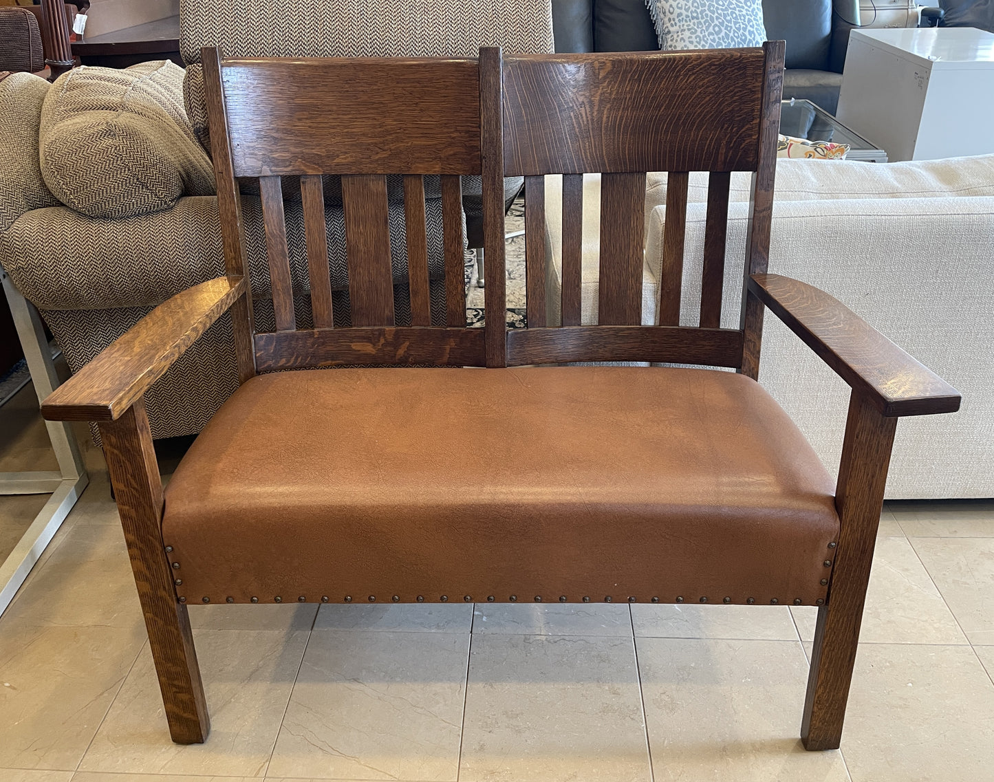 Antique Arts and Crafts Oak Settee, AS IS (0IR01B)