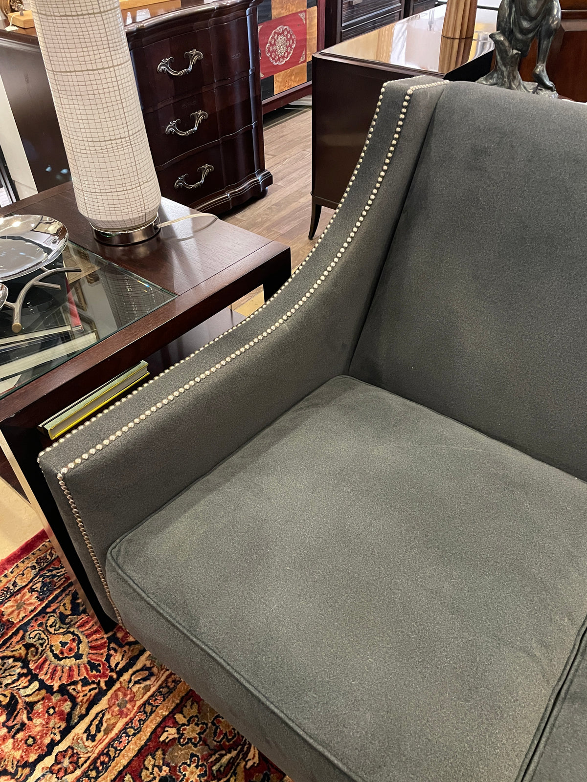 Bernhardt Gray Tuxedo Sofa with Nailhead Trim, AS IS (0PN004)