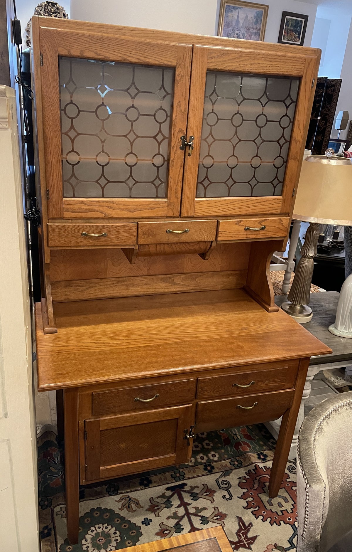 Hoosier Oak Cabinet with Frosted Glass Doors (0PU006)