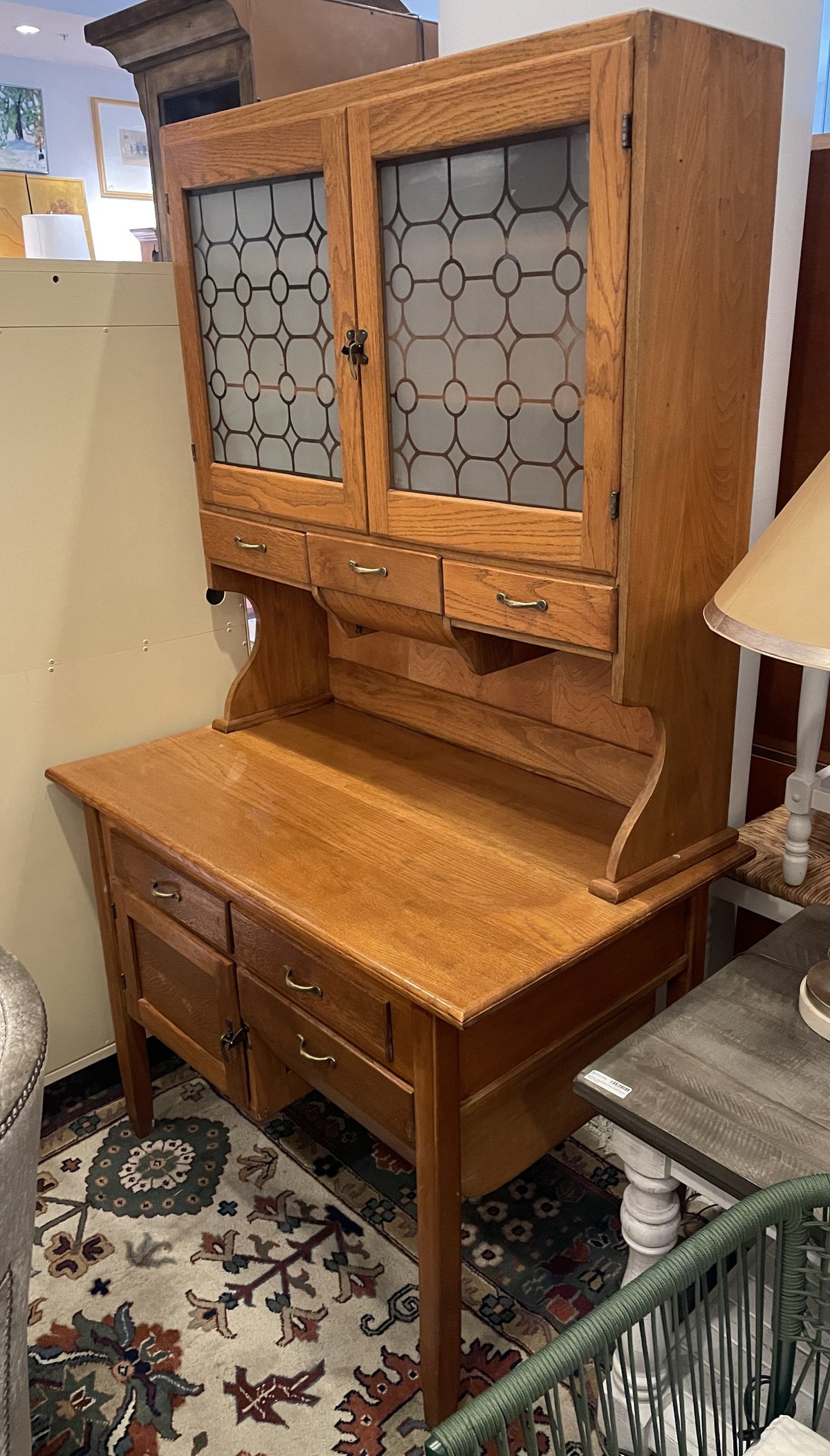 Hoosier Oak Cabinet with Frosted Glass Doors (0PU006)