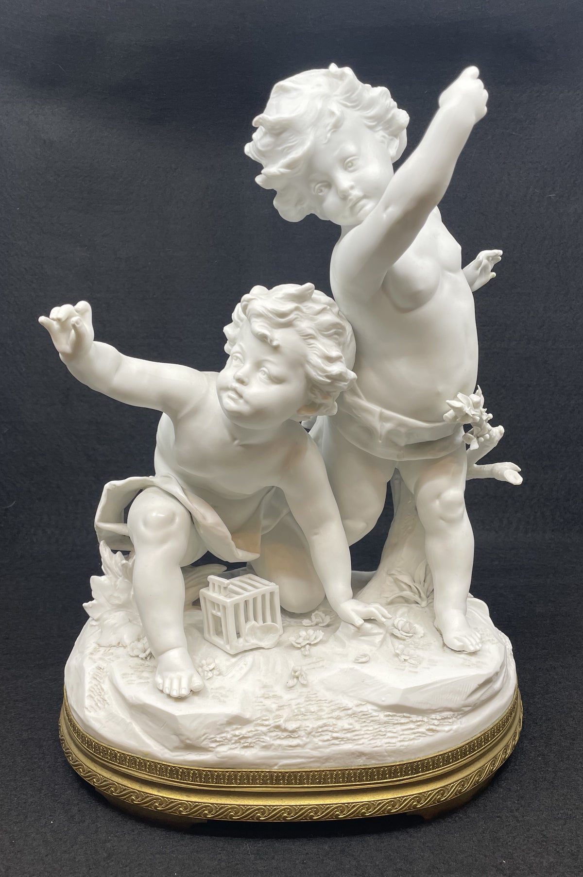 Bisque Sevres style Parian Porcelain Puttis with Birdcage (0OQ012)