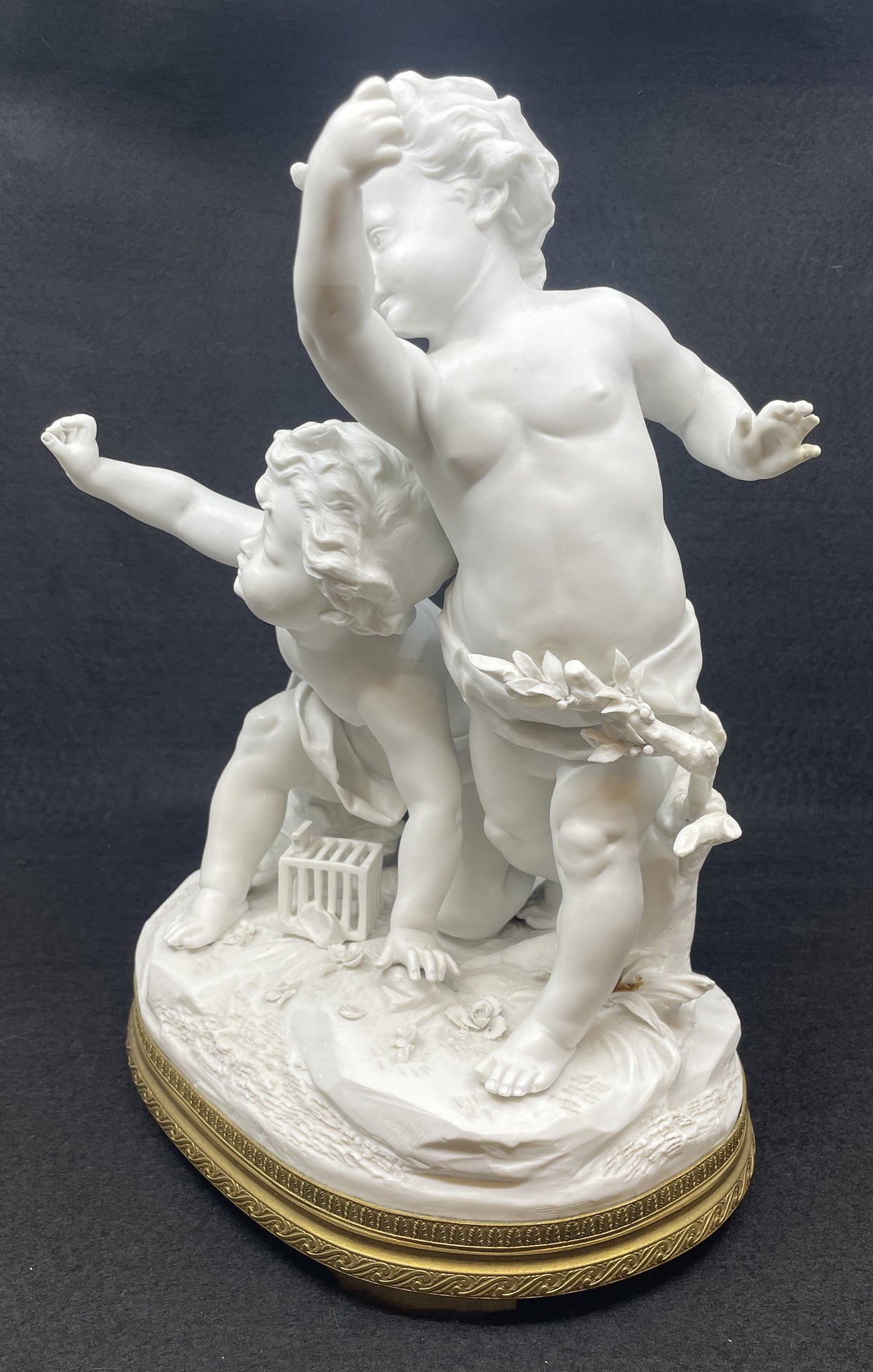 Bisque Sevres style Parian Porcelain Puttis with Birdcage (0OQ012)