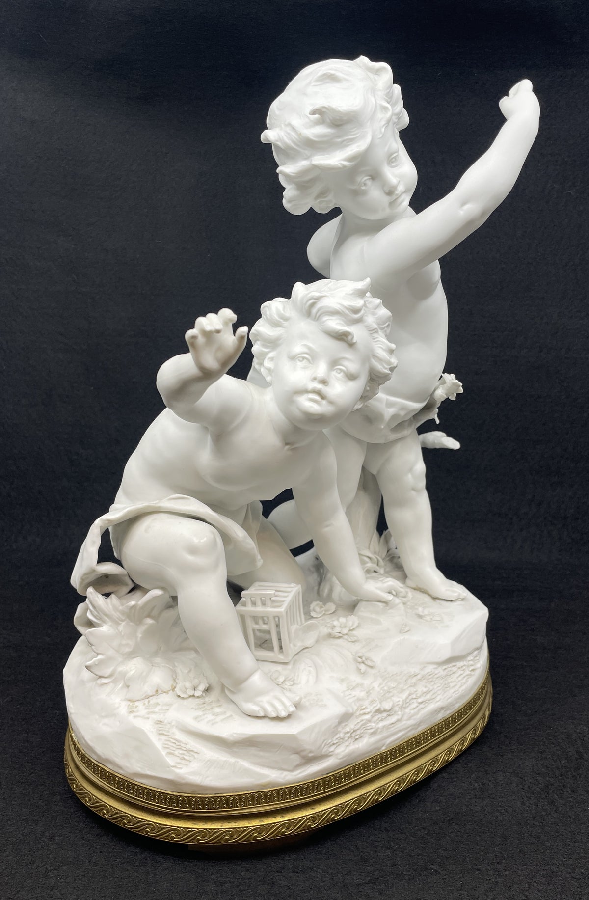 Bisque Sevres style Parian Porcelain Puttis with Birdcage (0OQ012)
