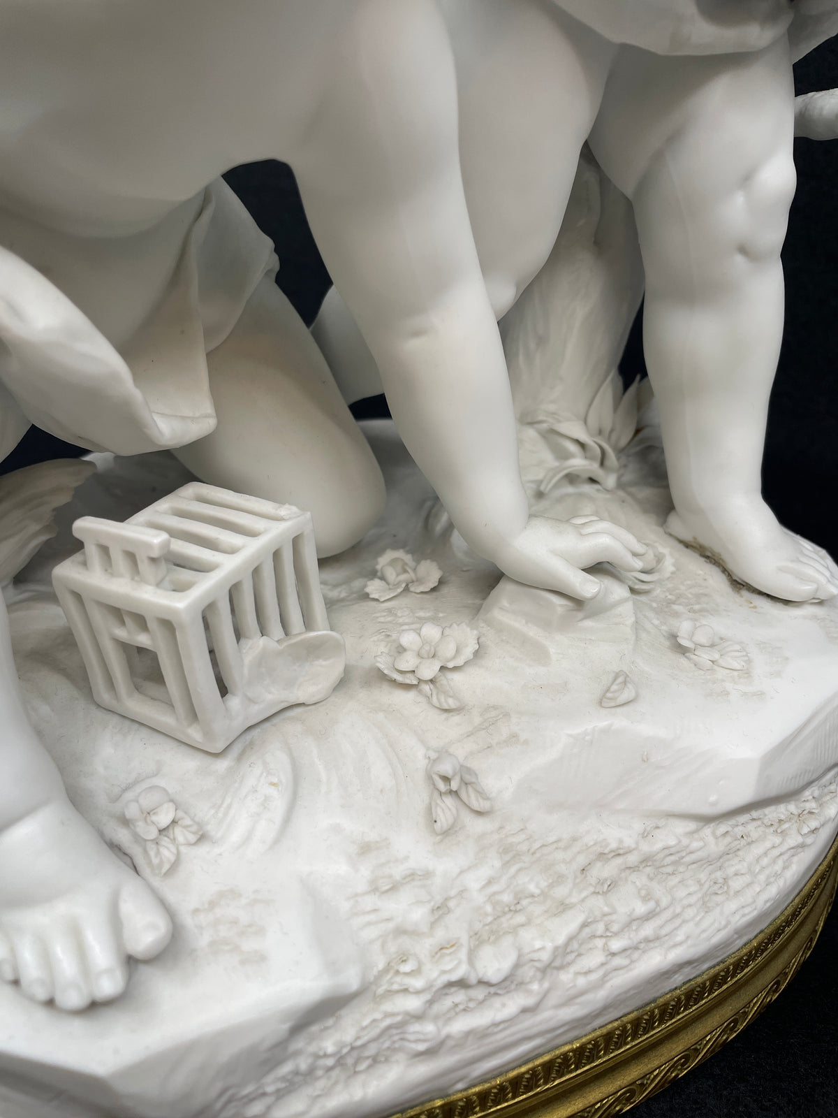 Bisque Sevres style Parian Porcelain Puttis with Birdcage (0OQ012)