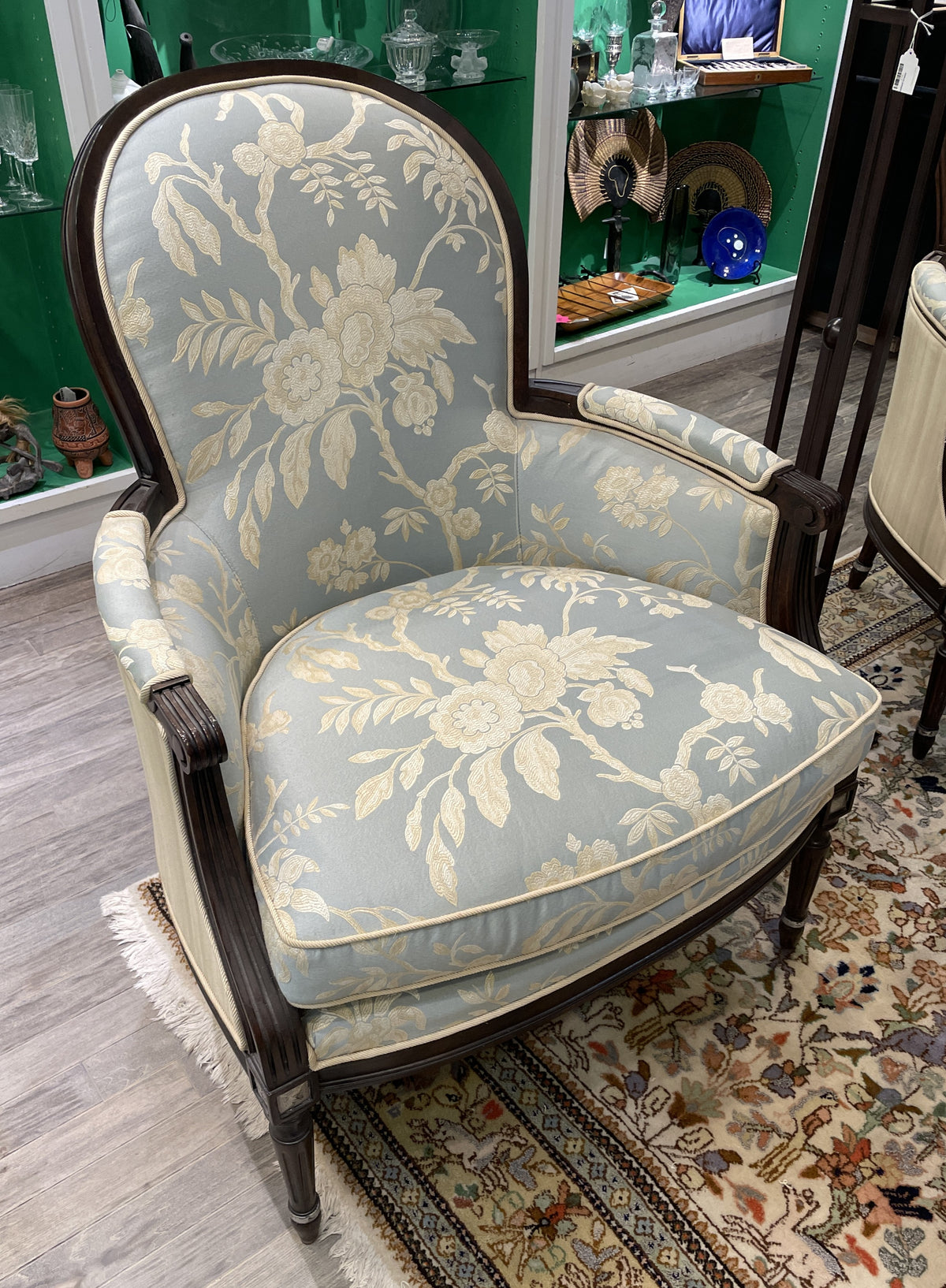 French Louis XVI style Bergère Chair in Dual Tone Crewel Fabric (Two available 0M700A 0M700B)