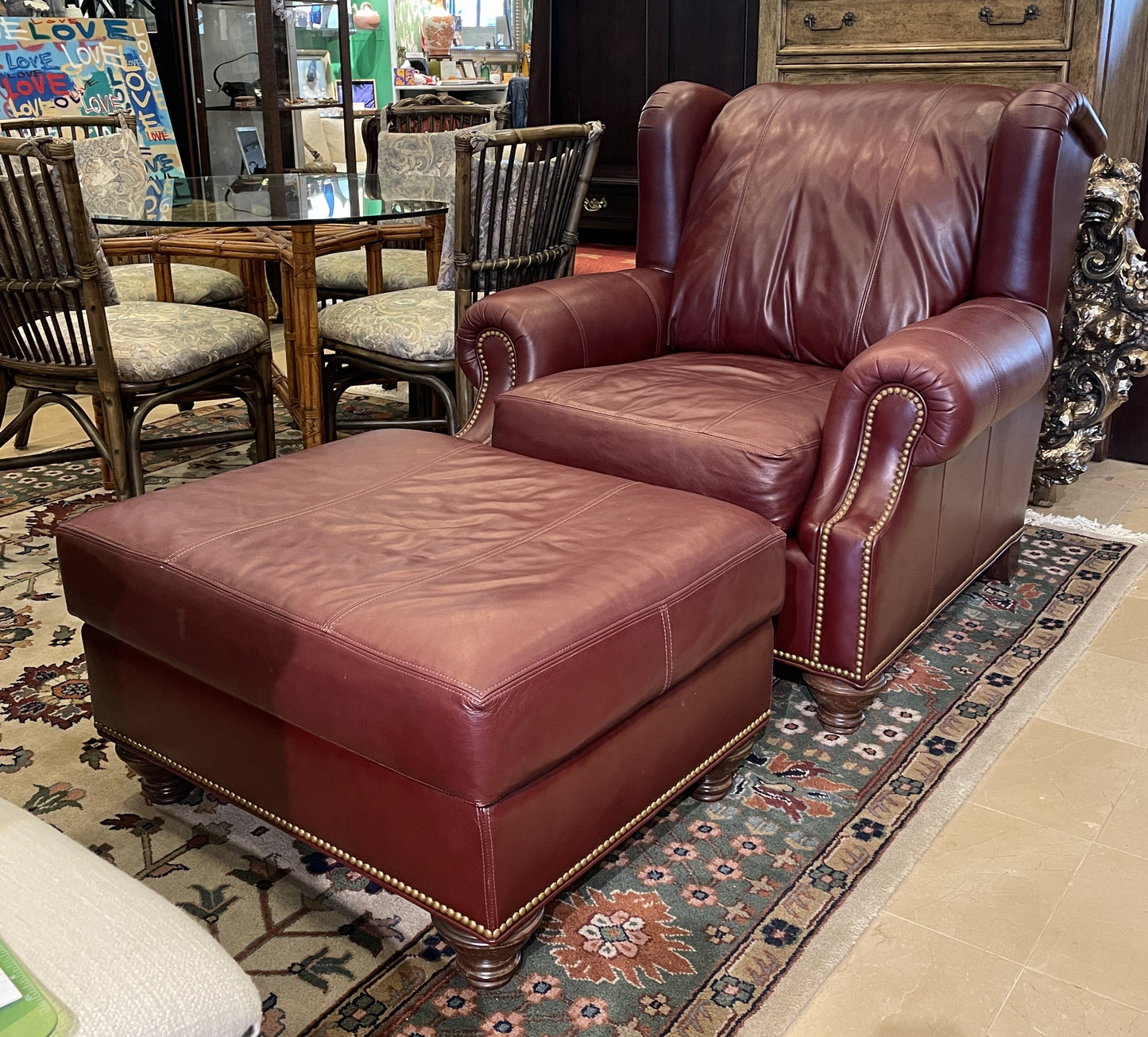 Leather Arm Chair and Ottoman, Burgundy (0M7008)