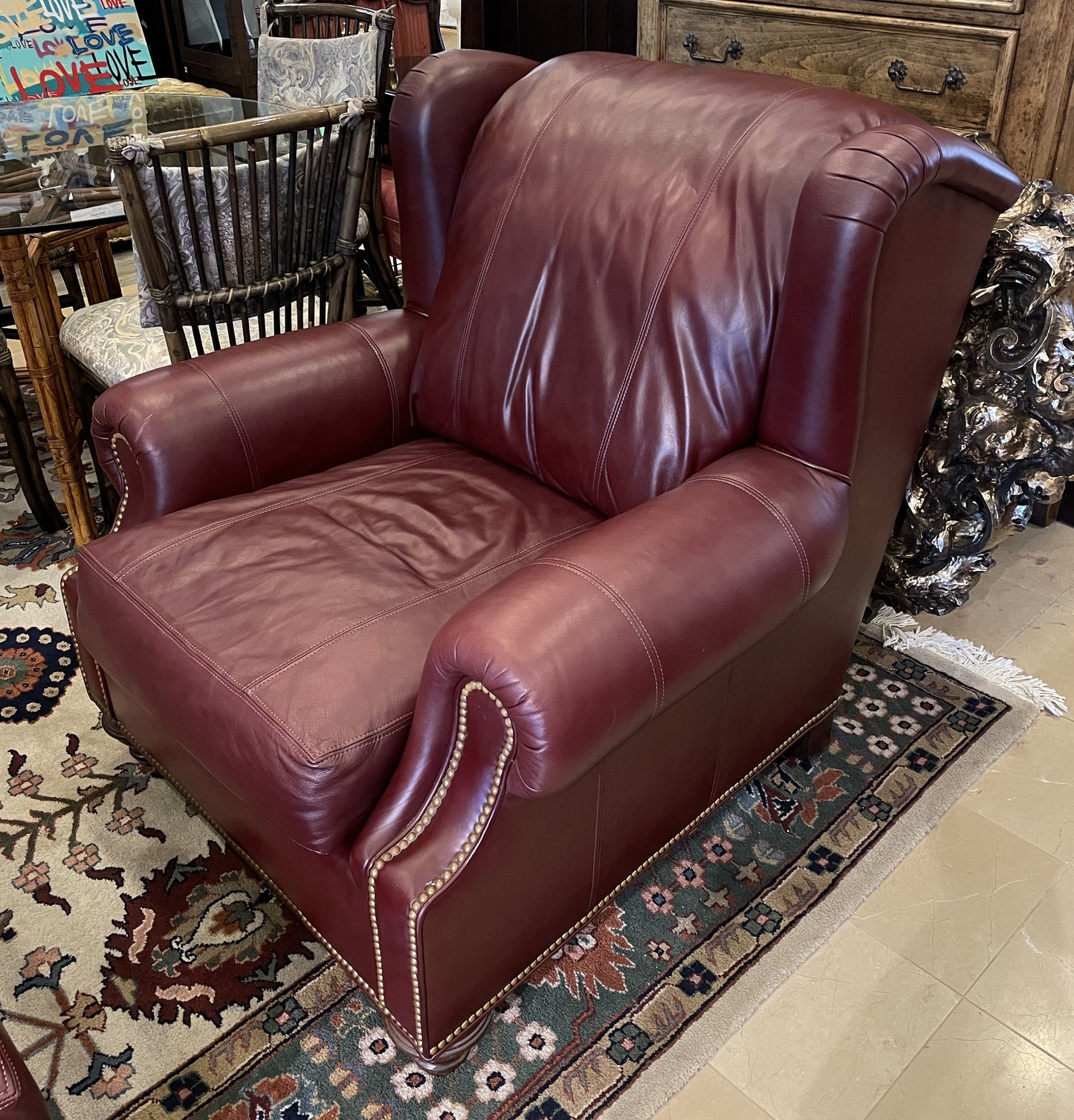 Leather Arm Chair and Ottoman, Burgundy (0M7008)