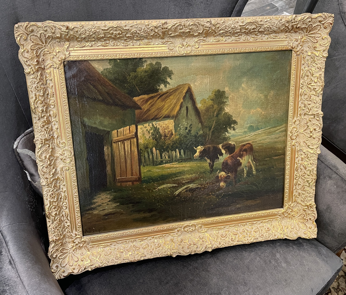 19th Century Oil on Canvas, Pastoral with Cows, Signed (0QH006)