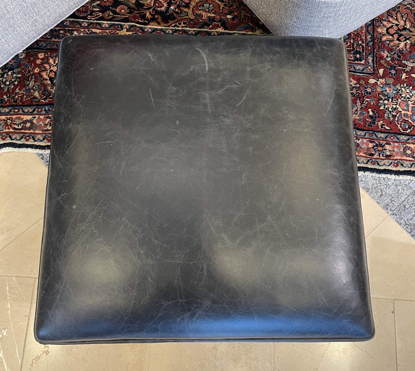 Black Leather Hassock Ottoman, AS IS (0IV013)