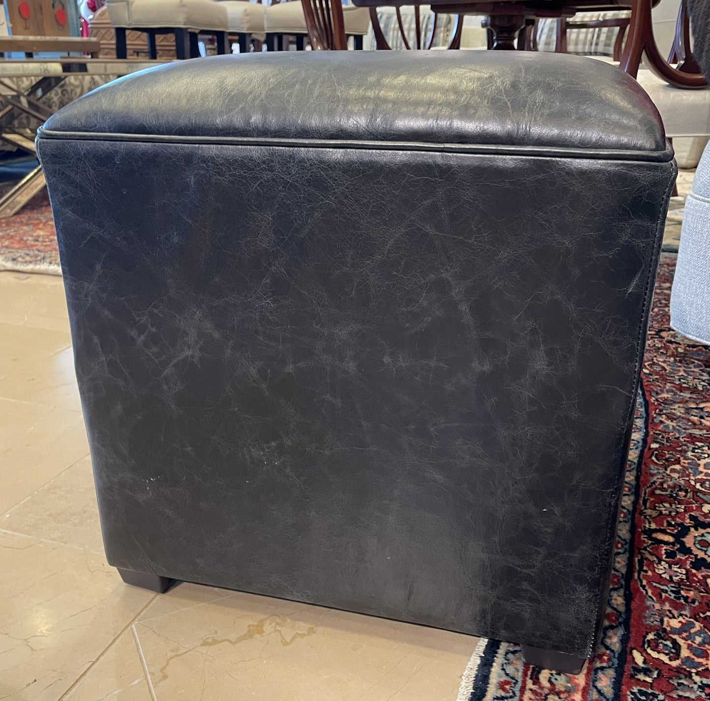 Black Leather Hassock Ottoman, AS IS (0IV013)