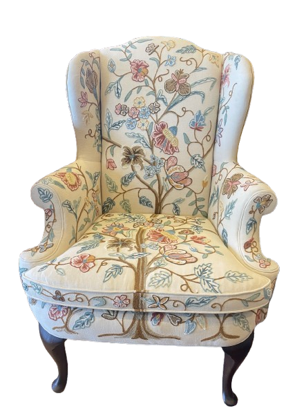 Crewel Embroidered Wingback Chair