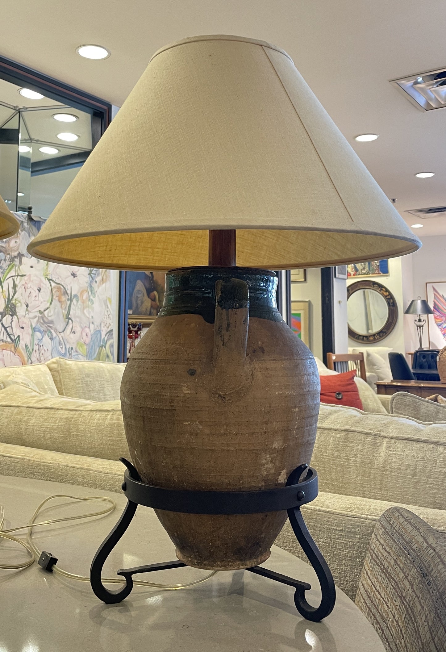 19th Century French Confit Pot Lamp, green with iron stand (0JL01P)