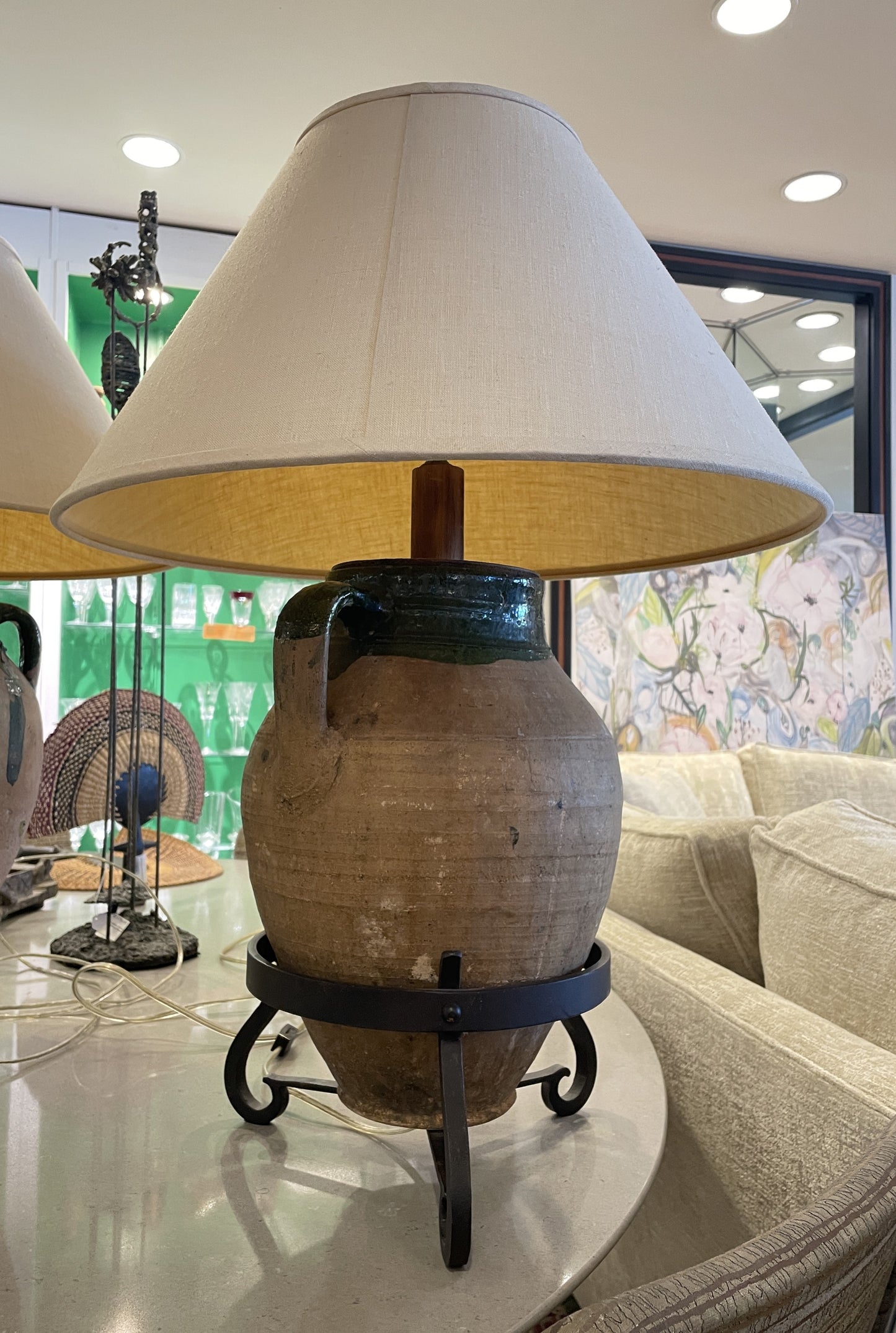 19th Century French Confit Pot Lamp, green with iron stand (0JL01P)