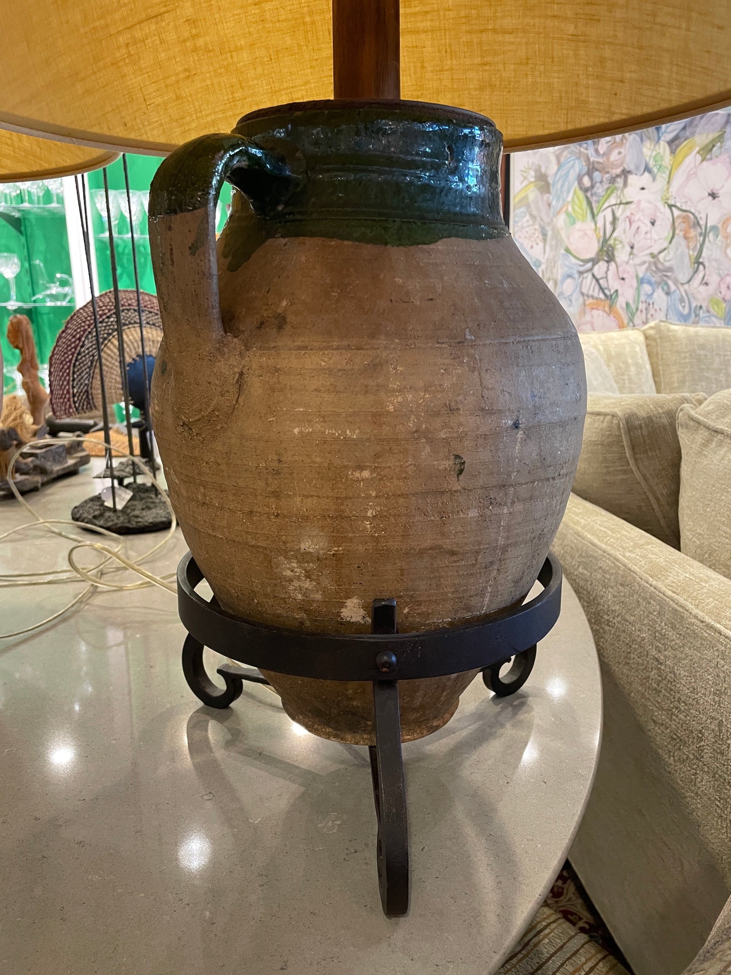 19th Century French Confit Pot Lamp, green with iron stand (0JL01P)