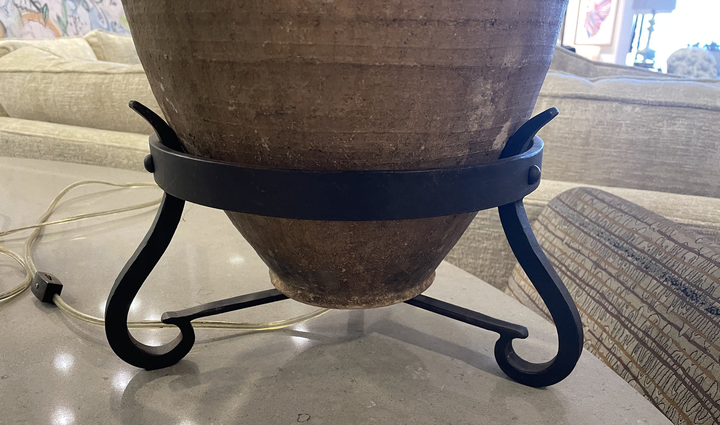 19th Century French Confit Pot Lamp, green with iron stand (0JL01P)