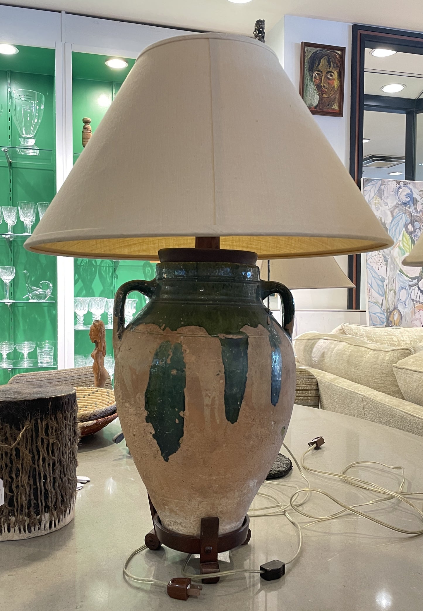 19th Century French Confit Pot Lamp, green with iron stand (0JL01O)