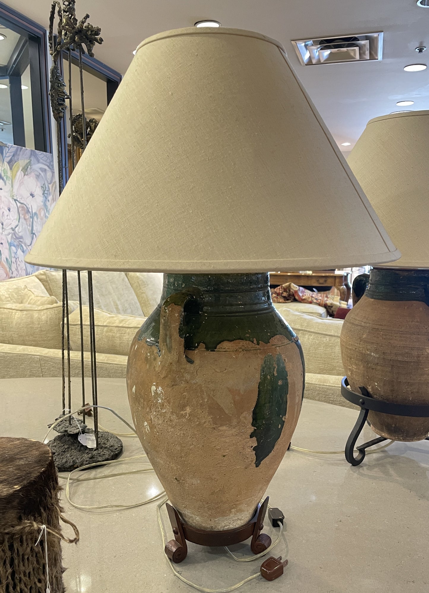 19th Century French Confit Pot Lamp, green with iron stand (0JL01O)