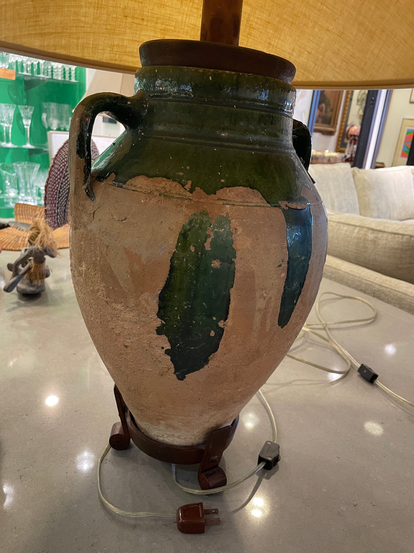 19th Century French Confit Pot Lamp, green with iron stand (0JL01O)
