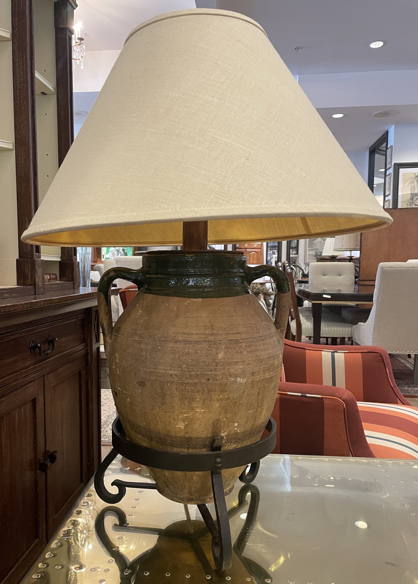 19th Century French Confit Pot Lamp, green with iron stand (0JL01P)
