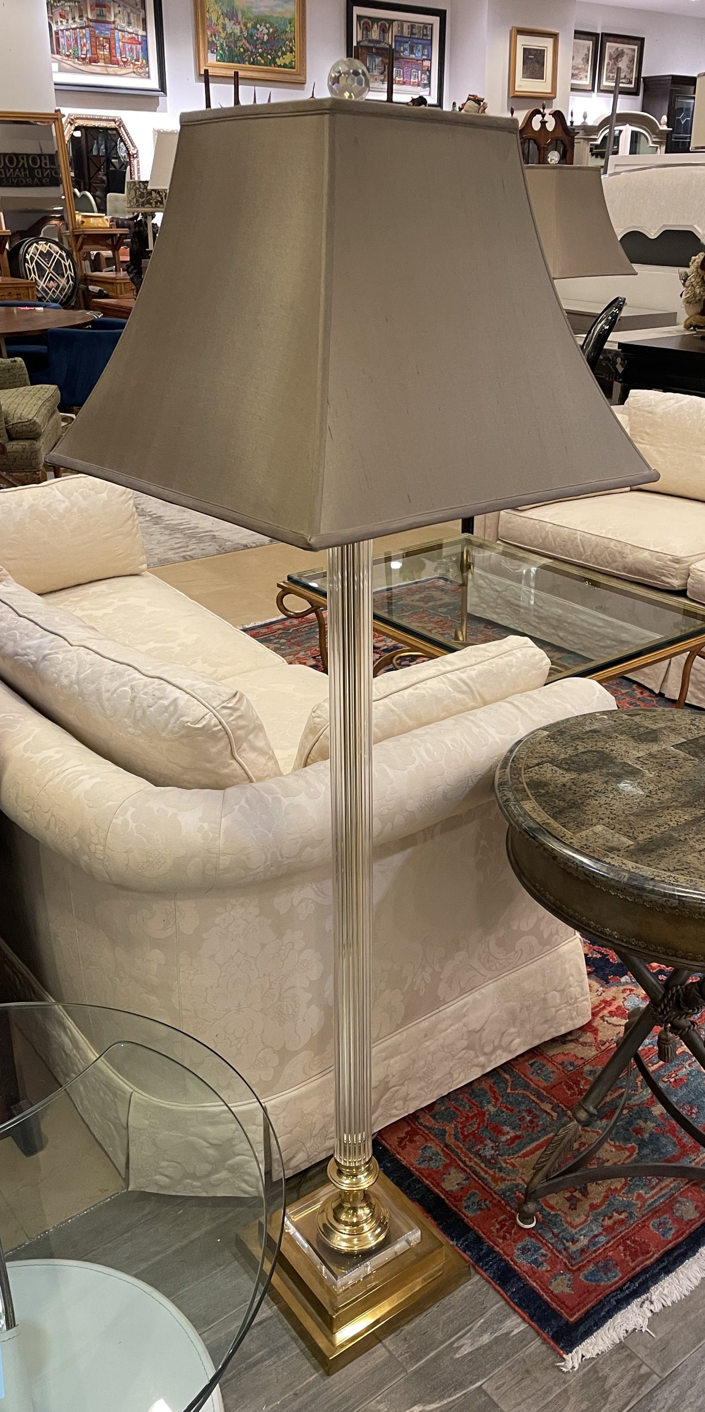 Vintage Glass Floor lamp with brass base (Two available) (0IW008)