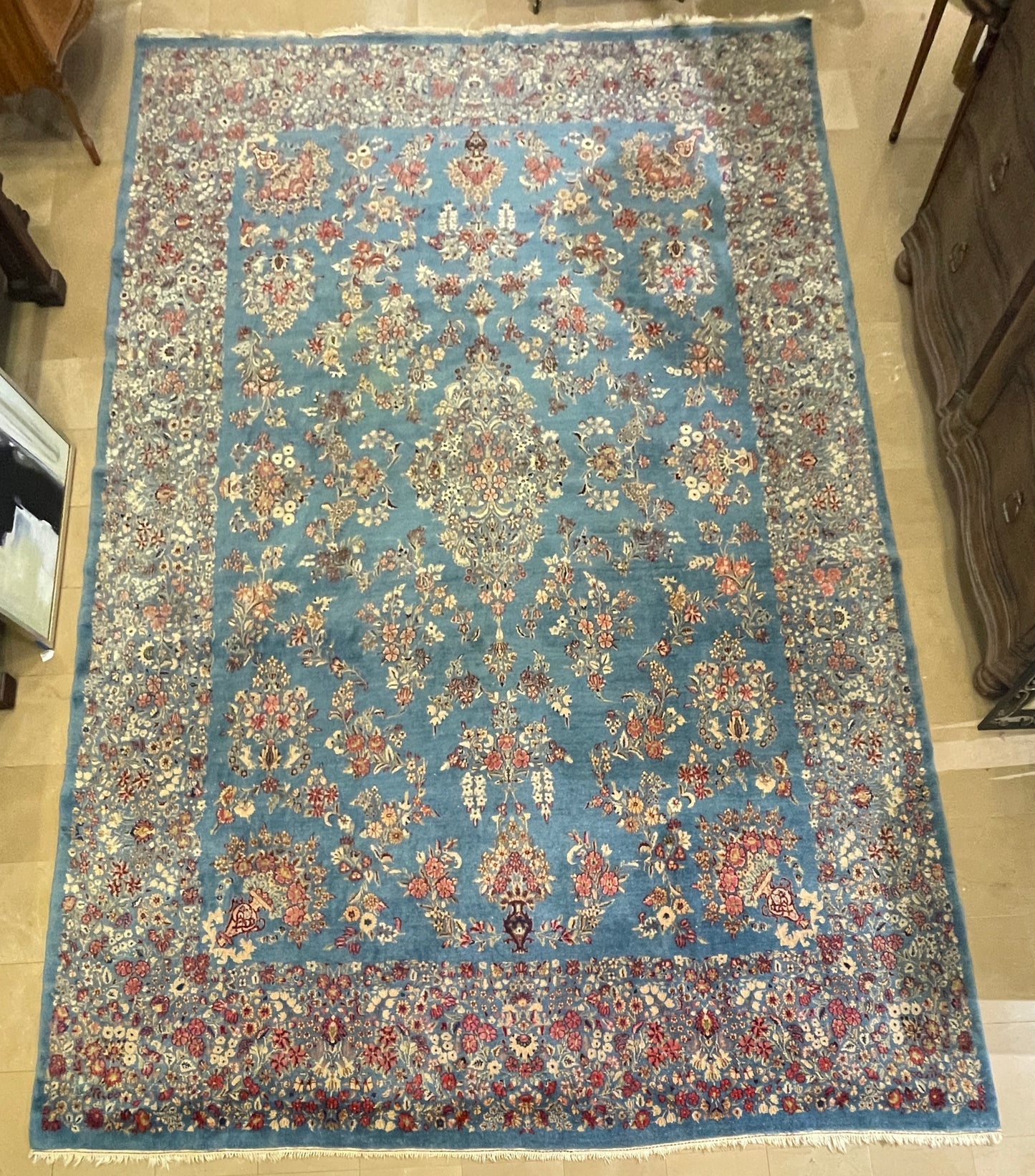 Vintage Hand Knotted French Blue with Floral Wool Rug, AS IS (9'7x13'10) (0MW003)