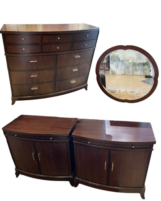 Hickory White Bedroom Suite with Two Nightstands, dresser and mirror