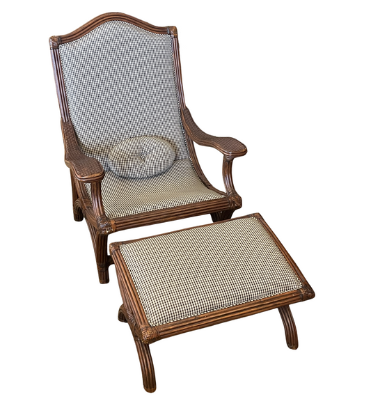 British Colonial Plantation Style Chair with Ottoman and custom upholstery (0G1003)