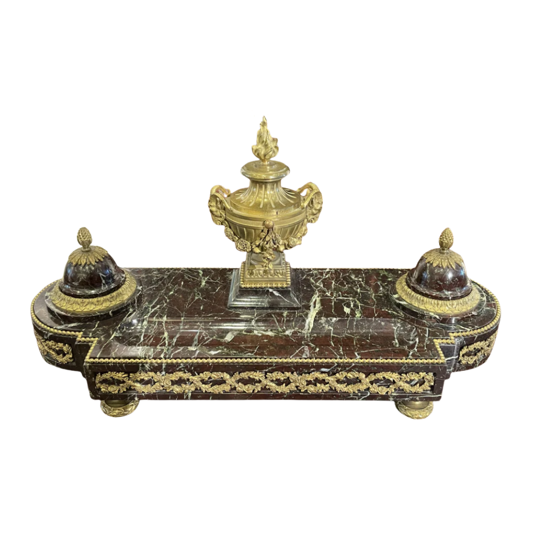 French Marble and Bronze Inkwell with Urn, Vintage (03G00H)